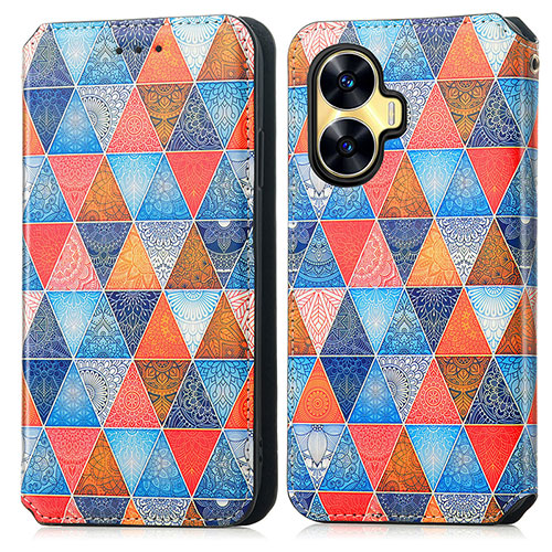 Leather Case Stands Fashionable Pattern Flip Cover Holder S02D for Realme Narzo N55 Brown