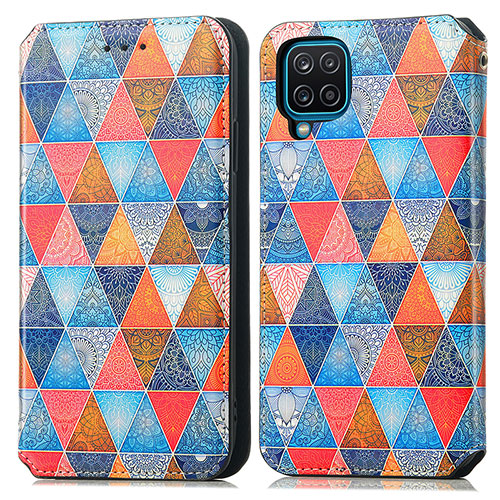 Leather Case Stands Fashionable Pattern Flip Cover Holder S02D for Samsung Galaxy A12 5G Brown
