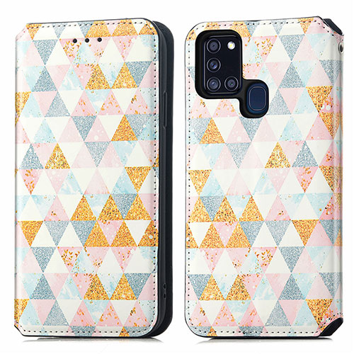 Leather Case Stands Fashionable Pattern Flip Cover Holder S02D for Samsung Galaxy A21s White