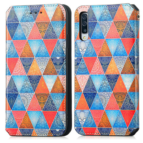 Leather Case Stands Fashionable Pattern Flip Cover Holder S02D for Samsung Galaxy A30S Brown