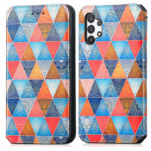 Leather Case Stands Fashionable Pattern Flip Cover Holder S02D for Samsung Galaxy A32 4G Brown