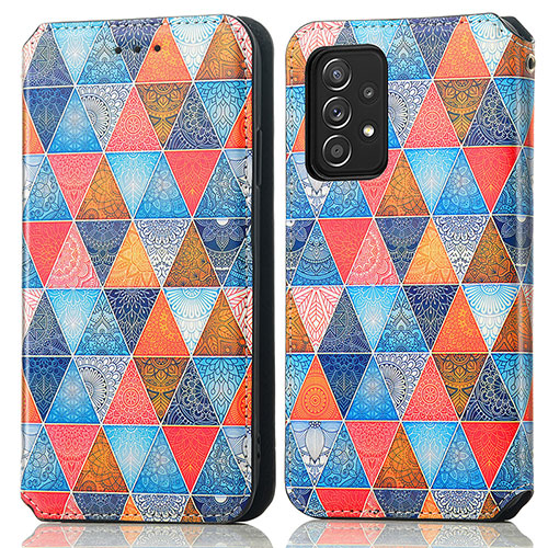 Leather Case Stands Fashionable Pattern Flip Cover Holder S02D for Samsung Galaxy A52 4G Brown