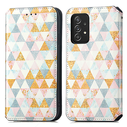 Leather Case Stands Fashionable Pattern Flip Cover Holder S02D for Samsung Galaxy A52 4G White