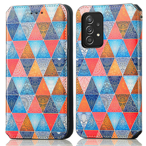 Leather Case Stands Fashionable Pattern Flip Cover Holder S02D for Samsung Galaxy A52s 5G Brown