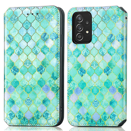 Leather Case Stands Fashionable Pattern Flip Cover Holder S02D for Samsung Galaxy A52s 5G Green
