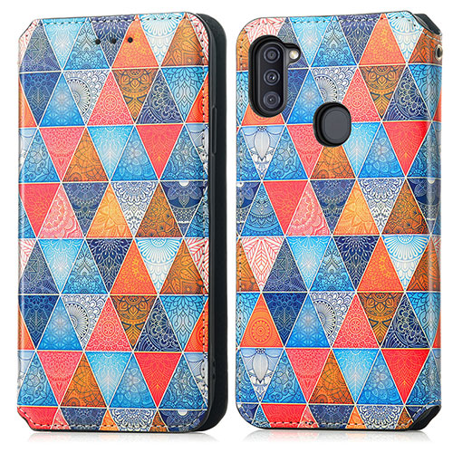 Leather Case Stands Fashionable Pattern Flip Cover Holder S02D for Samsung Galaxy M11 Brown