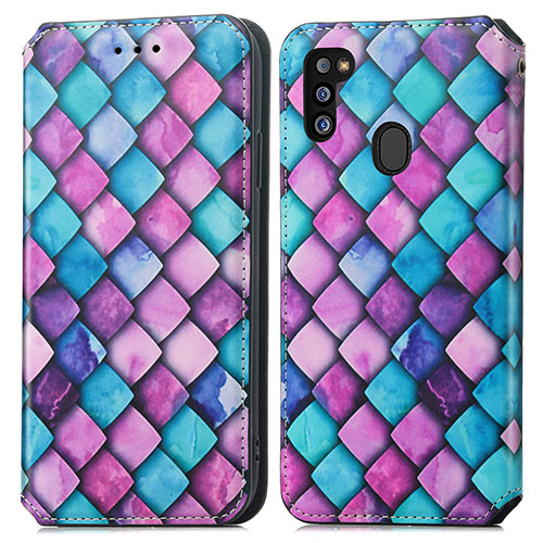 Leather Case Stands Fashionable Pattern Flip Cover Holder S02D for Samsung Galaxy M21 Purple