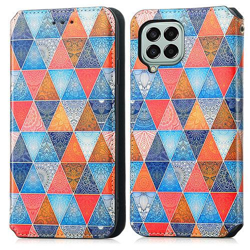 Leather Case Stands Fashionable Pattern Flip Cover Holder S02D for Samsung Galaxy M33 5G Brown