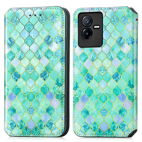 Leather Case Stands Fashionable Pattern Flip Cover Holder S02D for Vivo T2x 5G Green