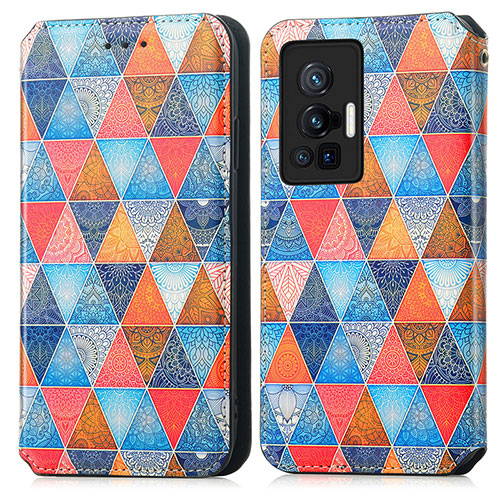 Leather Case Stands Fashionable Pattern Flip Cover Holder S02D for Vivo X70 Pro 5G Brown