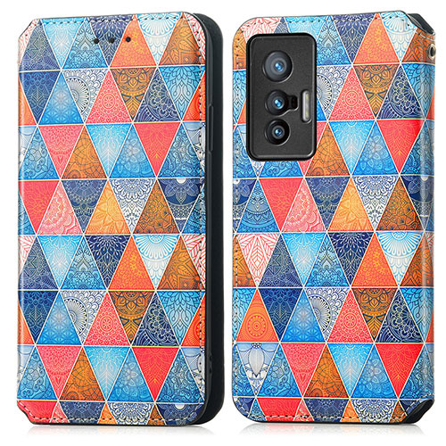 Leather Case Stands Fashionable Pattern Flip Cover Holder S02D for Vivo X70t Brown