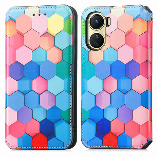 Leather Case Stands Fashionable Pattern Flip Cover Holder S02D for Vivo Y02S Colorful