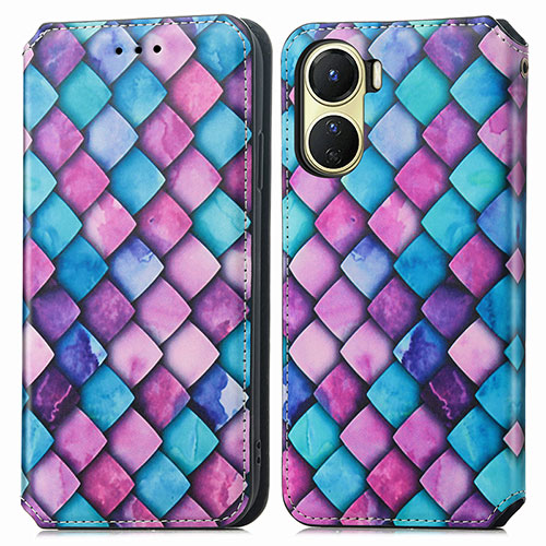 Leather Case Stands Fashionable Pattern Flip Cover Holder S02D for Vivo Y16 Purple