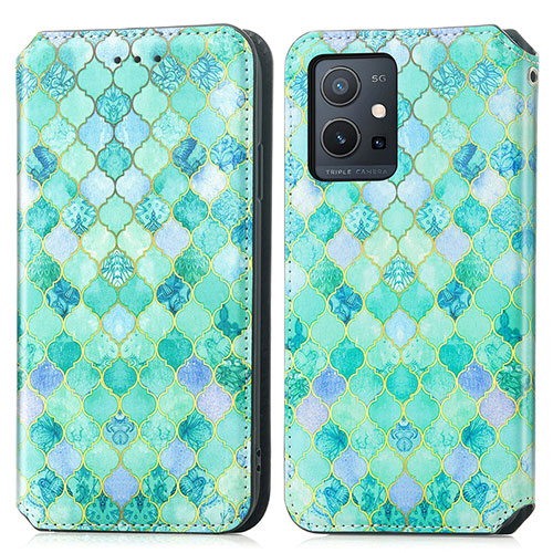 Leather Case Stands Fashionable Pattern Flip Cover Holder S02D for Vivo Y30 5G Green