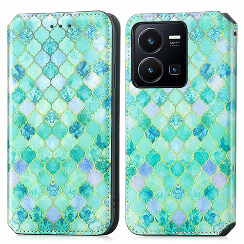 Leather Case Stands Fashionable Pattern Flip Cover Holder S02D for Vivo Y35 4G Green