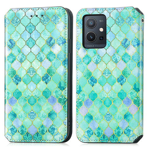 Leather Case Stands Fashionable Pattern Flip Cover Holder S02D for Vivo Y52t 5G Green