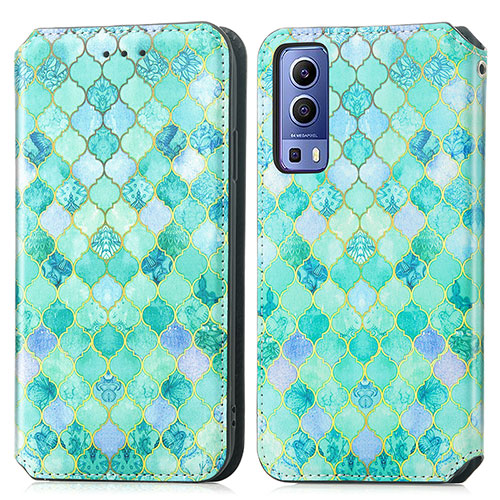 Leather Case Stands Fashionable Pattern Flip Cover Holder S02D for Vivo Y72 5G Green