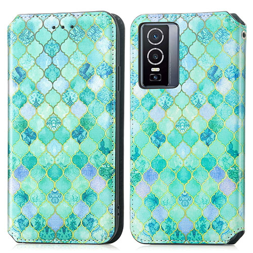 Leather Case Stands Fashionable Pattern Flip Cover Holder S02D for Vivo Y76 5G Green