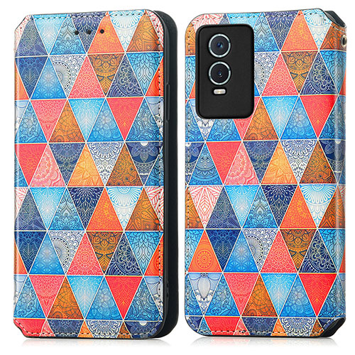 Leather Case Stands Fashionable Pattern Flip Cover Holder S02D for Vivo Y76s 5G Brown