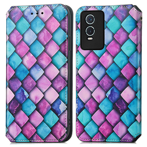 Leather Case Stands Fashionable Pattern Flip Cover Holder S02D for Vivo Y76s 5G Purple