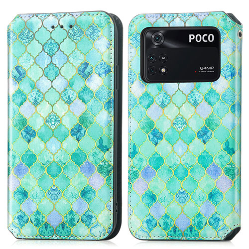 Leather Case Stands Fashionable Pattern Flip Cover Holder S02D for Xiaomi Poco M4 Pro 4G Green