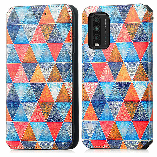 Leather Case Stands Fashionable Pattern Flip Cover Holder S02D for Xiaomi Redmi 9T 4G Brown