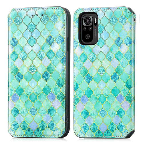 Leather Case Stands Fashionable Pattern Flip Cover Holder S02D for Xiaomi Redmi Note 10 4G Green