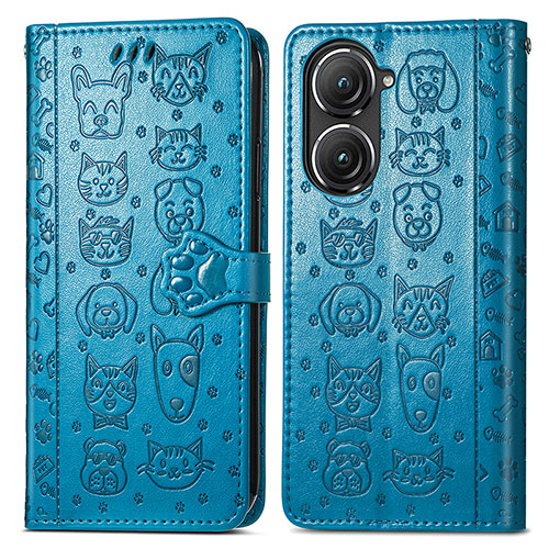 Leather Case Stands Fashionable Pattern Flip Cover Holder S03D for Asus Zenfone 9 Blue