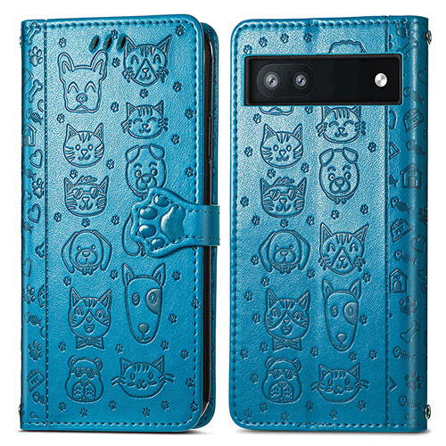 Leather Case Stands Fashionable Pattern Flip Cover Holder S03D for Google Pixel 6a 5G Blue