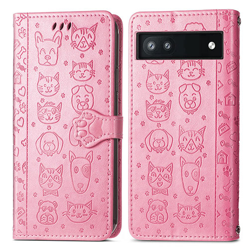 Leather Case Stands Fashionable Pattern Flip Cover Holder S03D for Google Pixel 6a 5G Pink