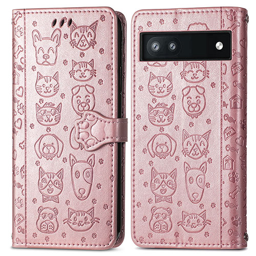 Leather Case Stands Fashionable Pattern Flip Cover Holder S03D for Google Pixel 6a 5G Rose Gold