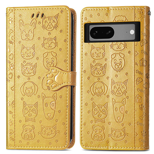 Leather Case Stands Fashionable Pattern Flip Cover Holder S03D for Google Pixel 7 5G Yellow