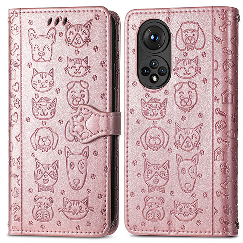 Leather Case Stands Fashionable Pattern Flip Cover Holder S03D for Huawei Honor 50 5G Rose Gold