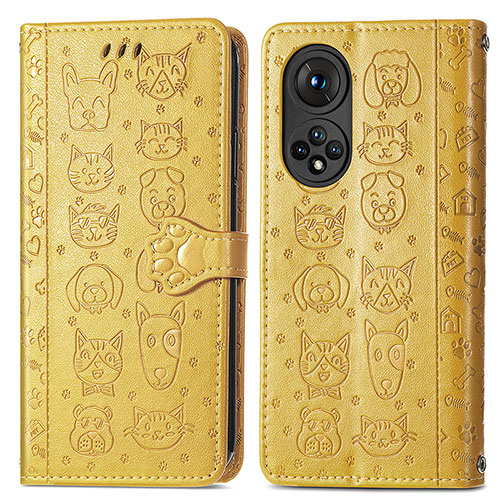 Leather Case Stands Fashionable Pattern Flip Cover Holder S03D for Huawei Honor 50 5G Yellow