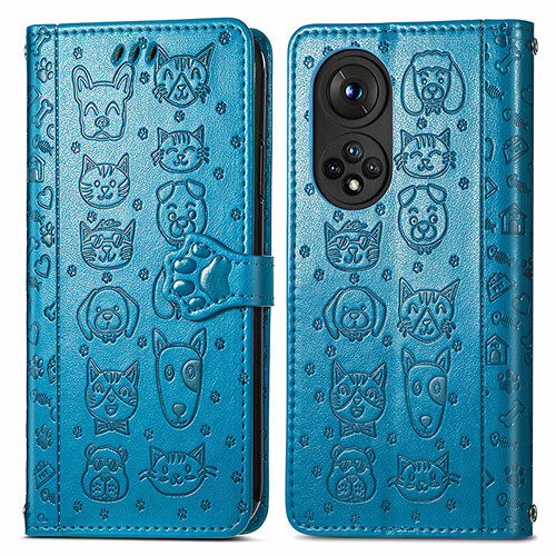 Leather Case Stands Fashionable Pattern Flip Cover Holder S03D for Huawei Honor 50 Pro 5G Blue