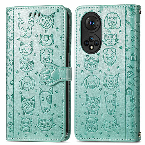 Leather Case Stands Fashionable Pattern Flip Cover Holder S03D for Huawei Honor 50 Pro 5G Green