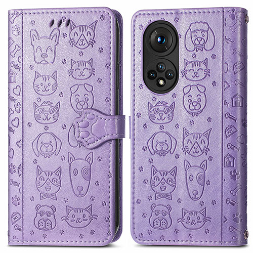 Leather Case Stands Fashionable Pattern Flip Cover Holder S03D for Huawei Honor 50 Pro 5G Purple