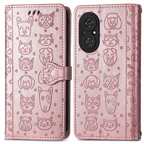 Leather Case Stands Fashionable Pattern Flip Cover Holder S03D for Huawei Honor 50 SE 5G Rose Gold