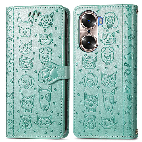 Leather Case Stands Fashionable Pattern Flip Cover Holder S03D for Huawei Honor 60 5G Green