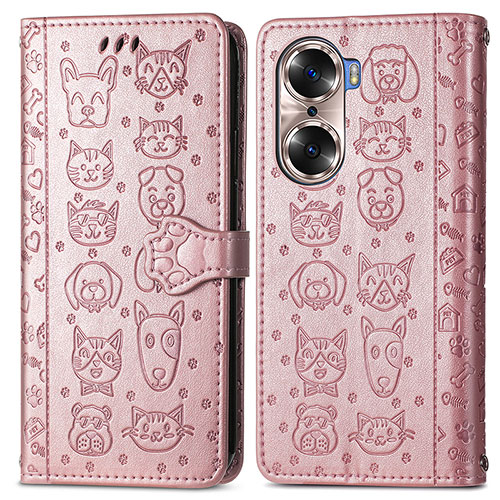 Leather Case Stands Fashionable Pattern Flip Cover Holder S03D for Huawei Honor 60 5G Rose Gold