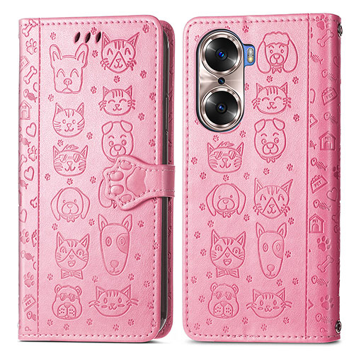 Leather Case Stands Fashionable Pattern Flip Cover Holder S03D for Huawei Honor 60 Pro 5G Pink