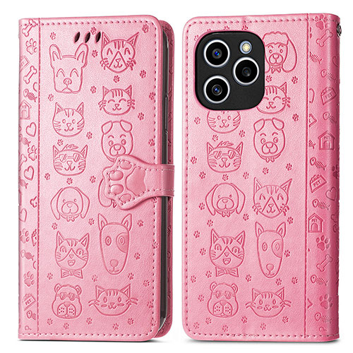 Leather Case Stands Fashionable Pattern Flip Cover Holder S03D for Huawei Honor 60 SE 5G Pink