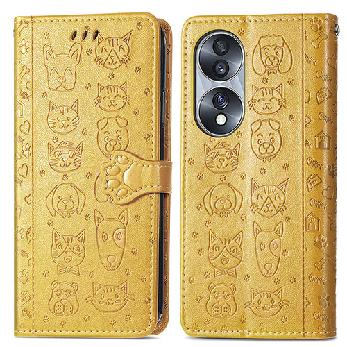 Leather Case Stands Fashionable Pattern Flip Cover Holder S03D for Huawei Honor 70 5G Yellow