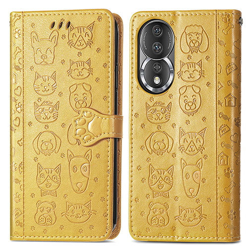 Leather Case Stands Fashionable Pattern Flip Cover Holder S03D for Huawei Honor 80 5G Yellow