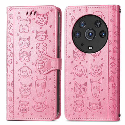 Leather Case Stands Fashionable Pattern Flip Cover Holder S03D for Huawei Honor Magic3 Pro 5G Pink