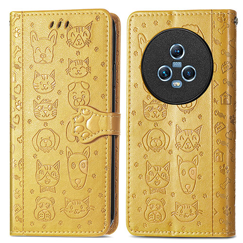 Leather Case Stands Fashionable Pattern Flip Cover Holder S03D for Huawei Honor Magic5 5G Yellow