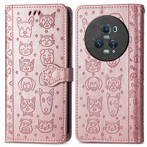 Leather Case Stands Fashionable Pattern Flip Cover Holder S03D for Huawei Honor Magic5 Pro 5G Rose Gold