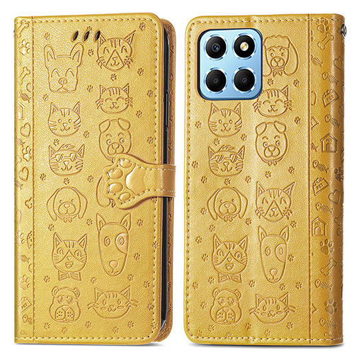 Leather Case Stands Fashionable Pattern Flip Cover Holder S03D for Huawei Honor X6 5G Yellow