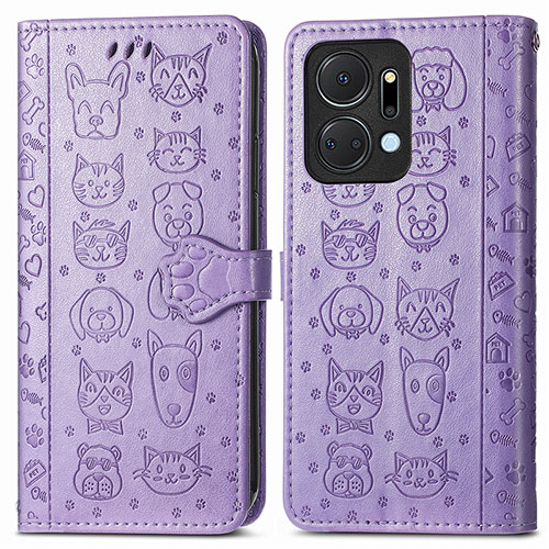 Leather Case Stands Fashionable Pattern Flip Cover Holder S03D for Huawei Honor X7a Purple