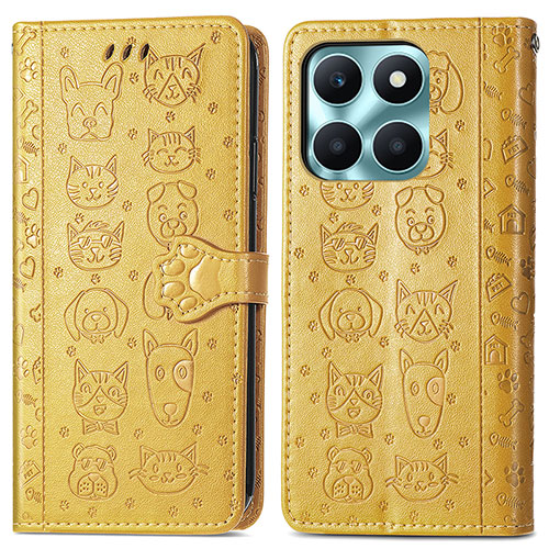 Leather Case Stands Fashionable Pattern Flip Cover Holder S03D for Huawei Honor X8b Yellow